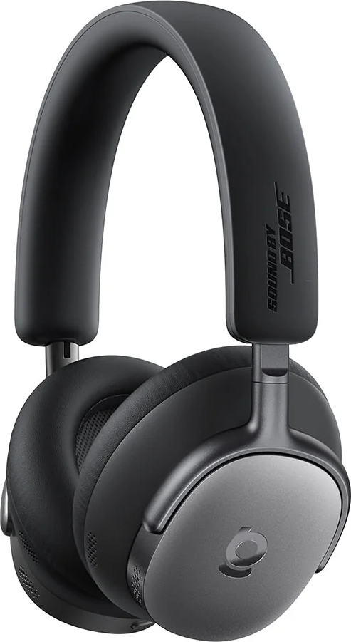 Cuffie Bose nere con accenti argentati e dettagli logo.
