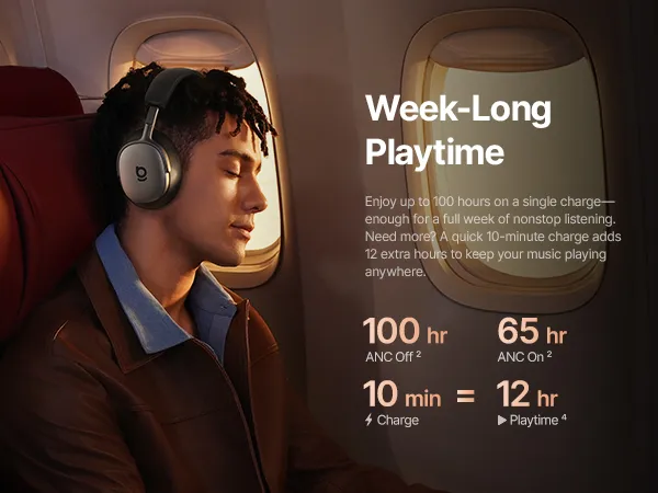 Uomo con cuffie in aereo, che dorme serenamente.