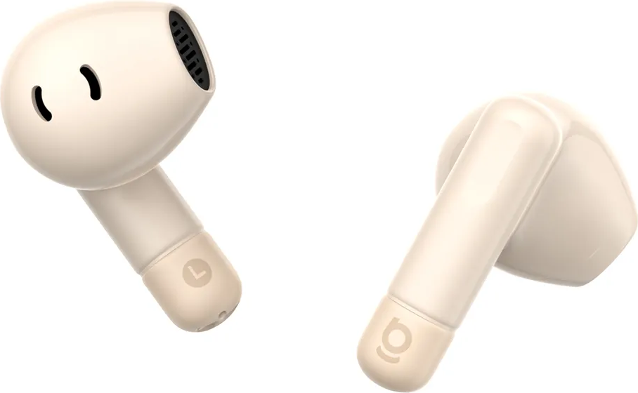 Zwei beige kabellose Ohrhörer, links mit L-Symbol, rechts mit G-Symbol.