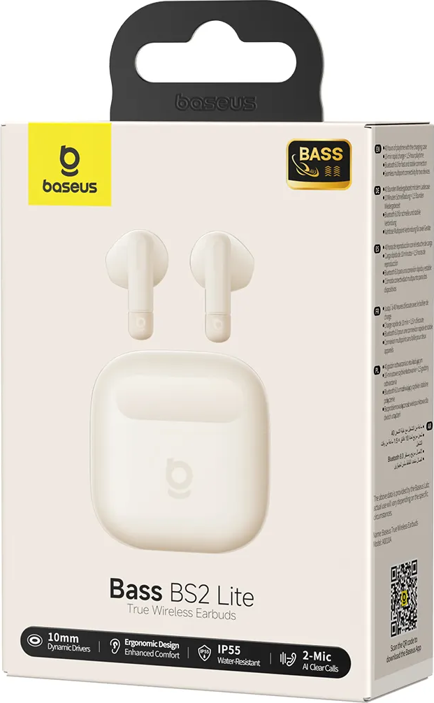 Verpackung von Baseus Bass BS2 Lite True Wireless Ohrhörern in Weiß mit Ladecase.