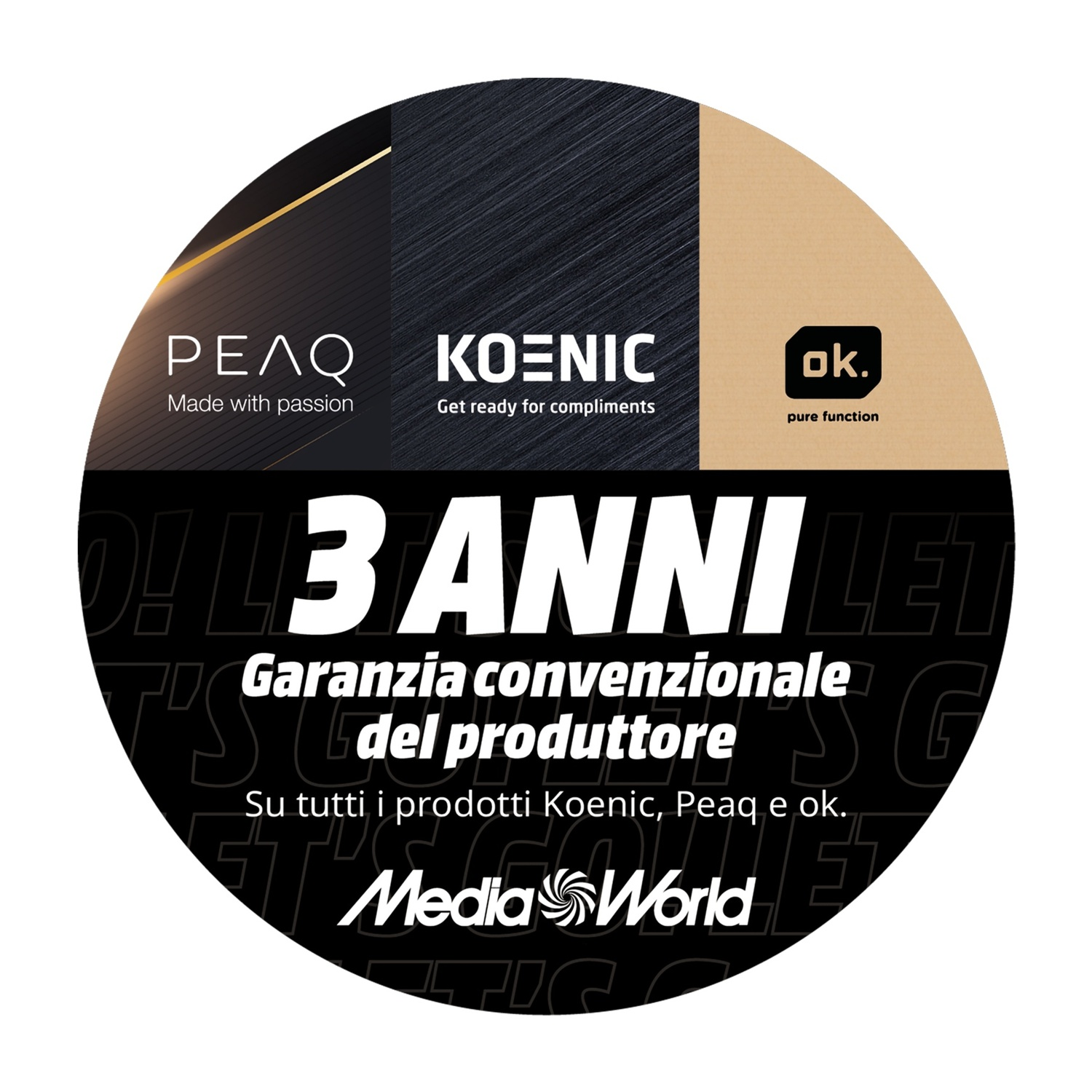 Logo con 3 anni di garanzia per prodotti Koenic, Peaq e ok. di Media World.