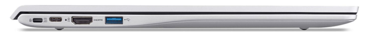 Lado de portátil blanco con puertos: USB-C, HDMI, USB-A.