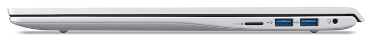 Vista lateral del portátil blanco con puertos: MicroSD, USB-A, toma de auriculares.