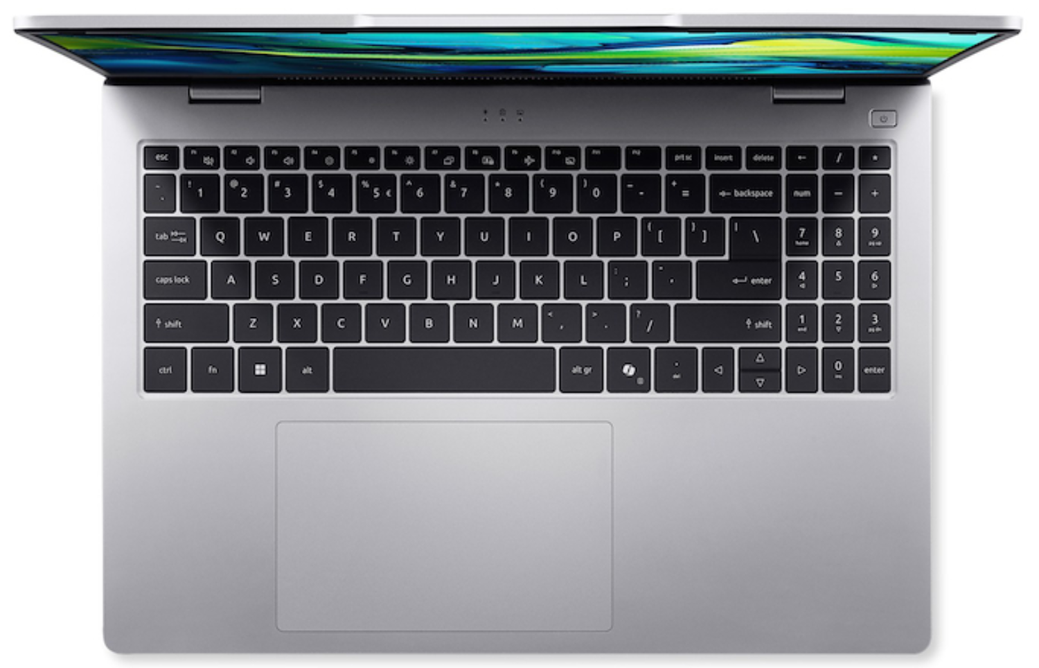 Un portátil plateado con la pantalla abierta, mostrando el teclado.