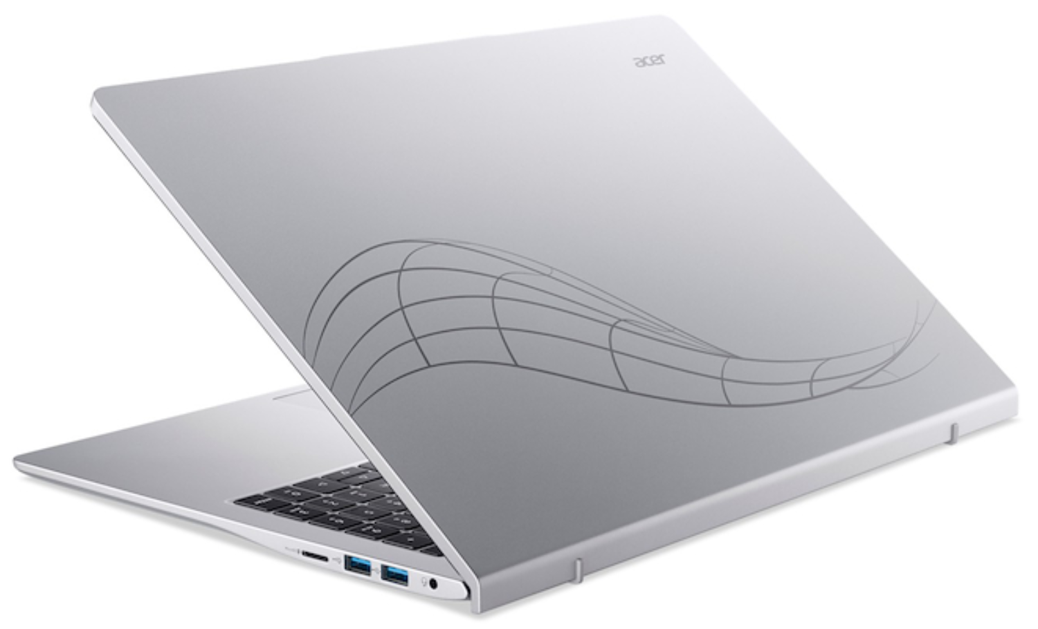 Un portátil plateado Acer con la tapa abierta, mostrando el teclado.