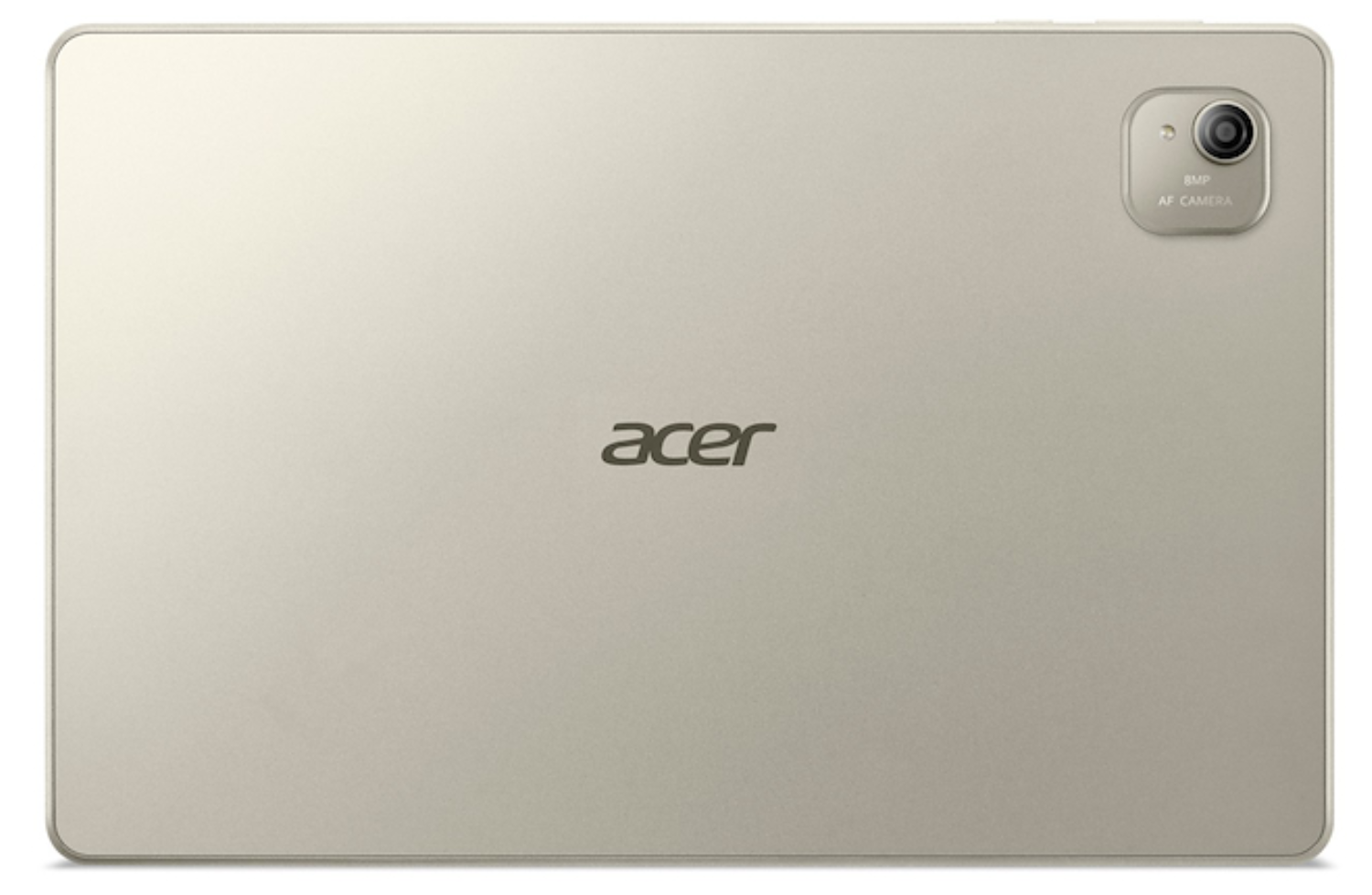 Parte trasera de una tableta Acer dorada con módulo de cámara y logo Acer.