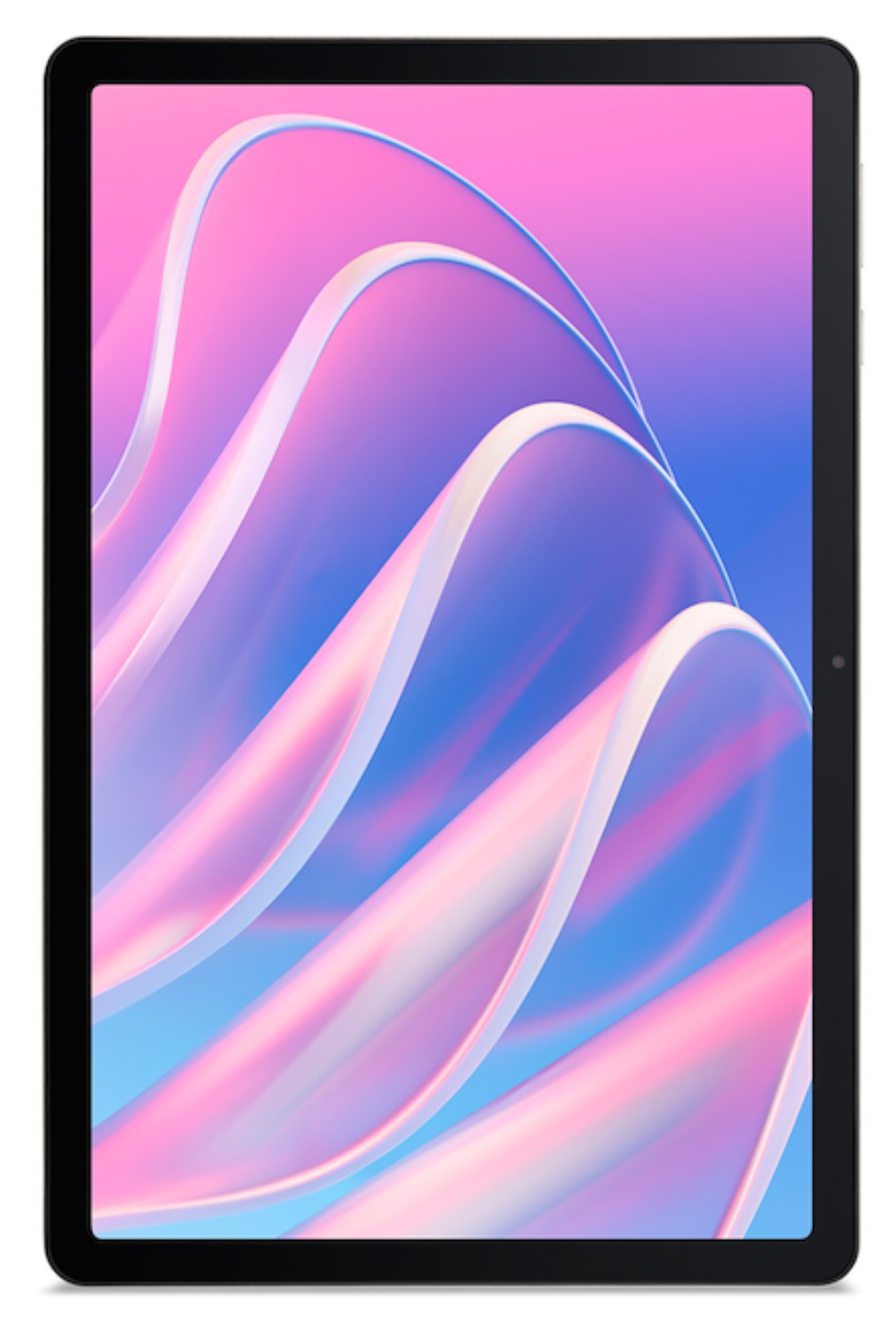 Una tableta negra con un fondo ondulado rosa y azul.