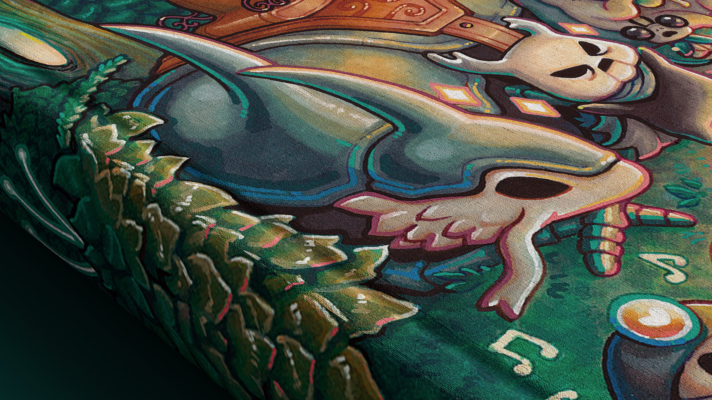 Hojas verdes y motivos de calavera en un diseño fantástico.