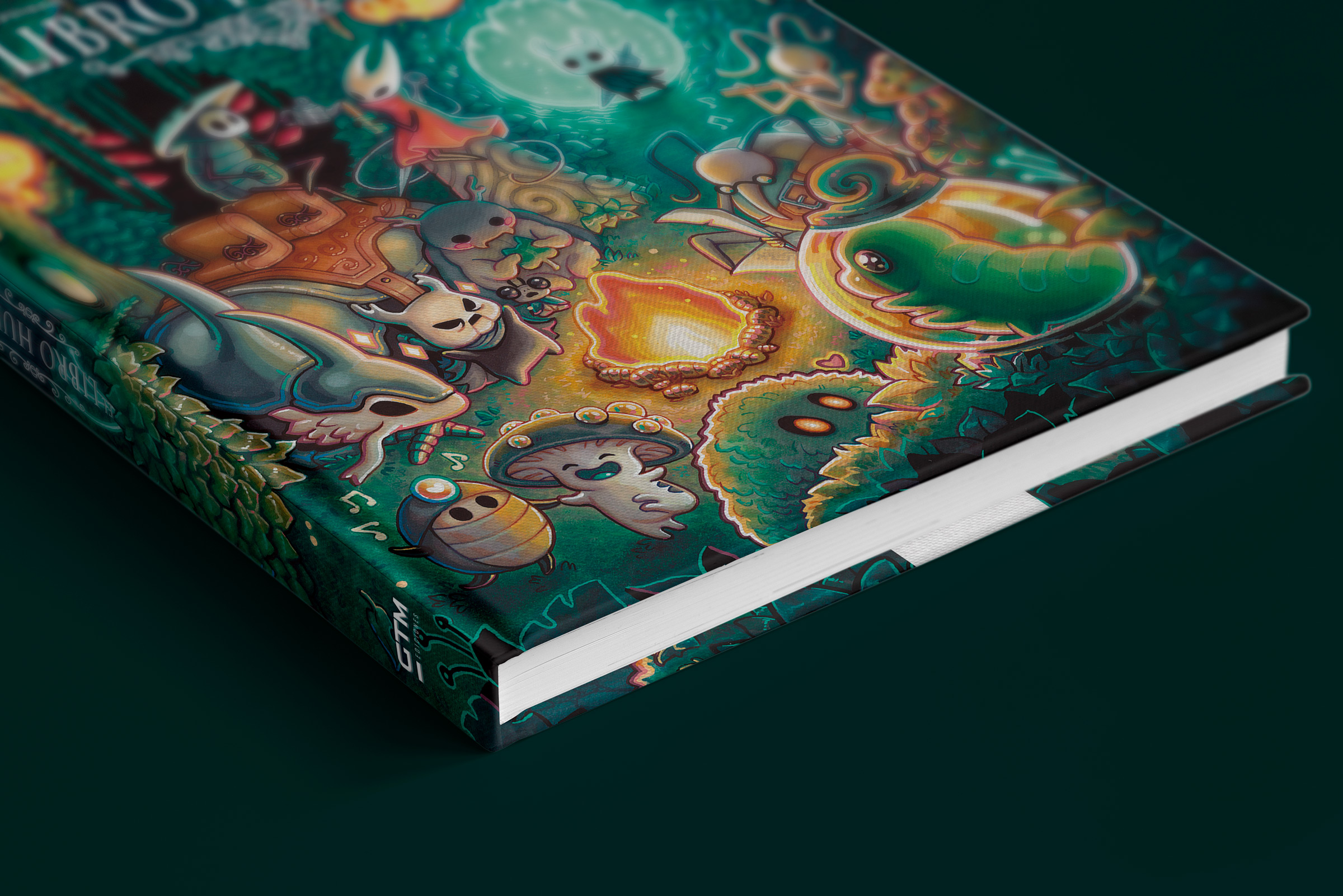 Portada de libro con criaturas del bosque y una fogata. Fondo verde oscuro.