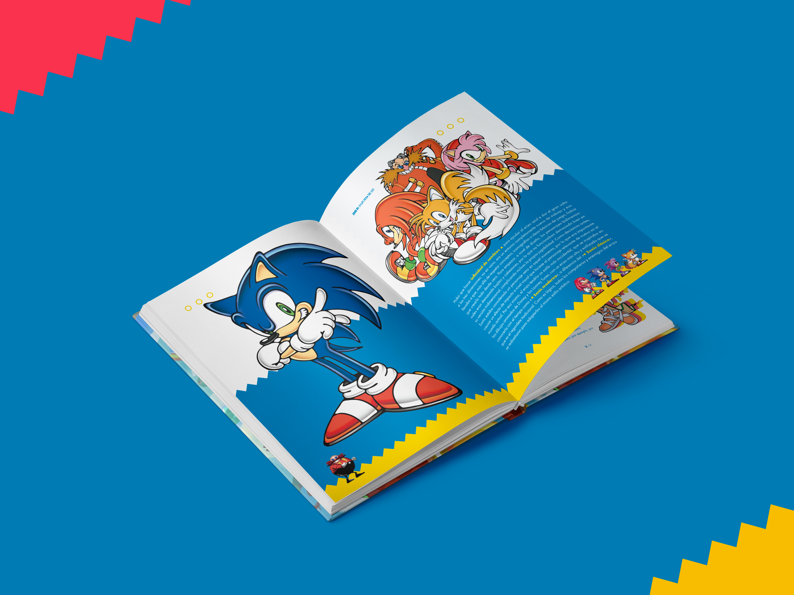 Un libro abierto con Sonic y amigos sobre fondo azul.
