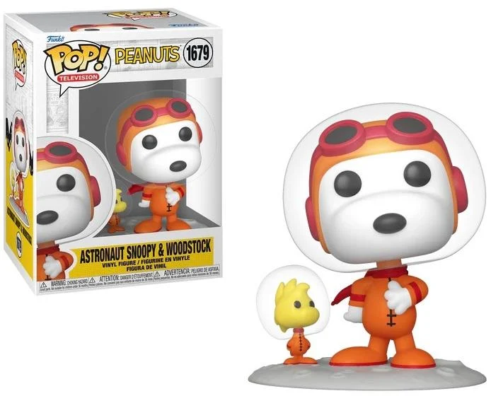 Figuras de vinilo de astronauta Snoopy y Woodstock con trajes espaciales naranjas.