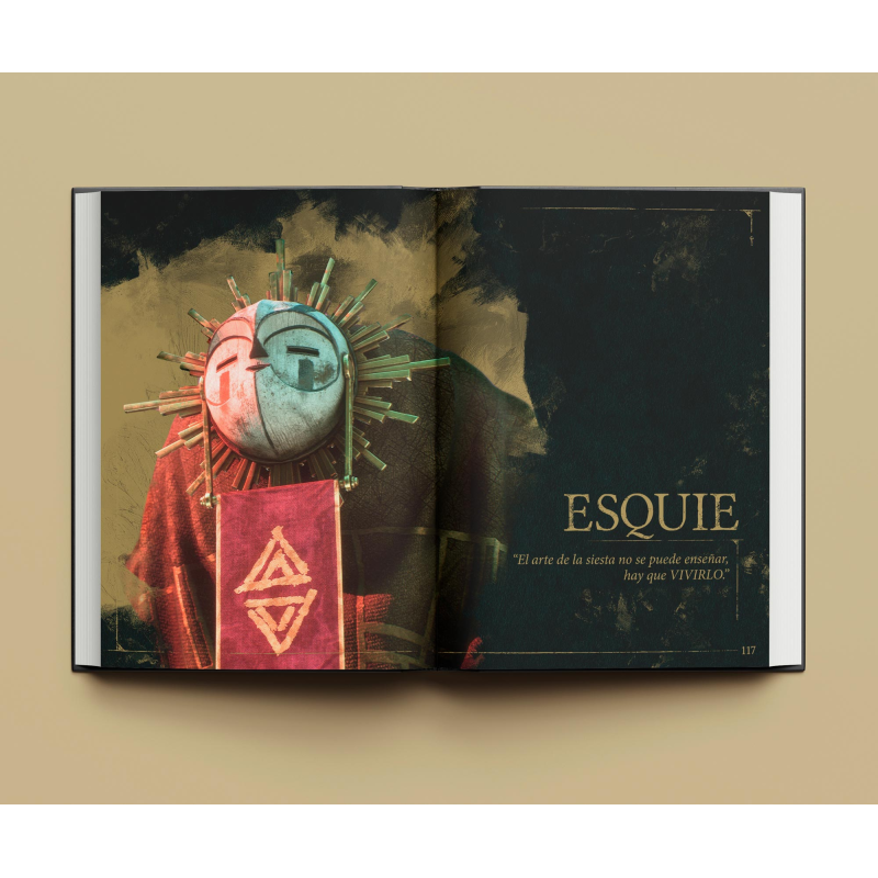 Un libro abierto muestra una máscara y texto en español.