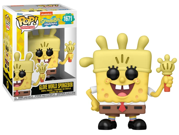 Bob Esponja como figura Funko Pop! en caja, sosteniendo un objeto amarillo.