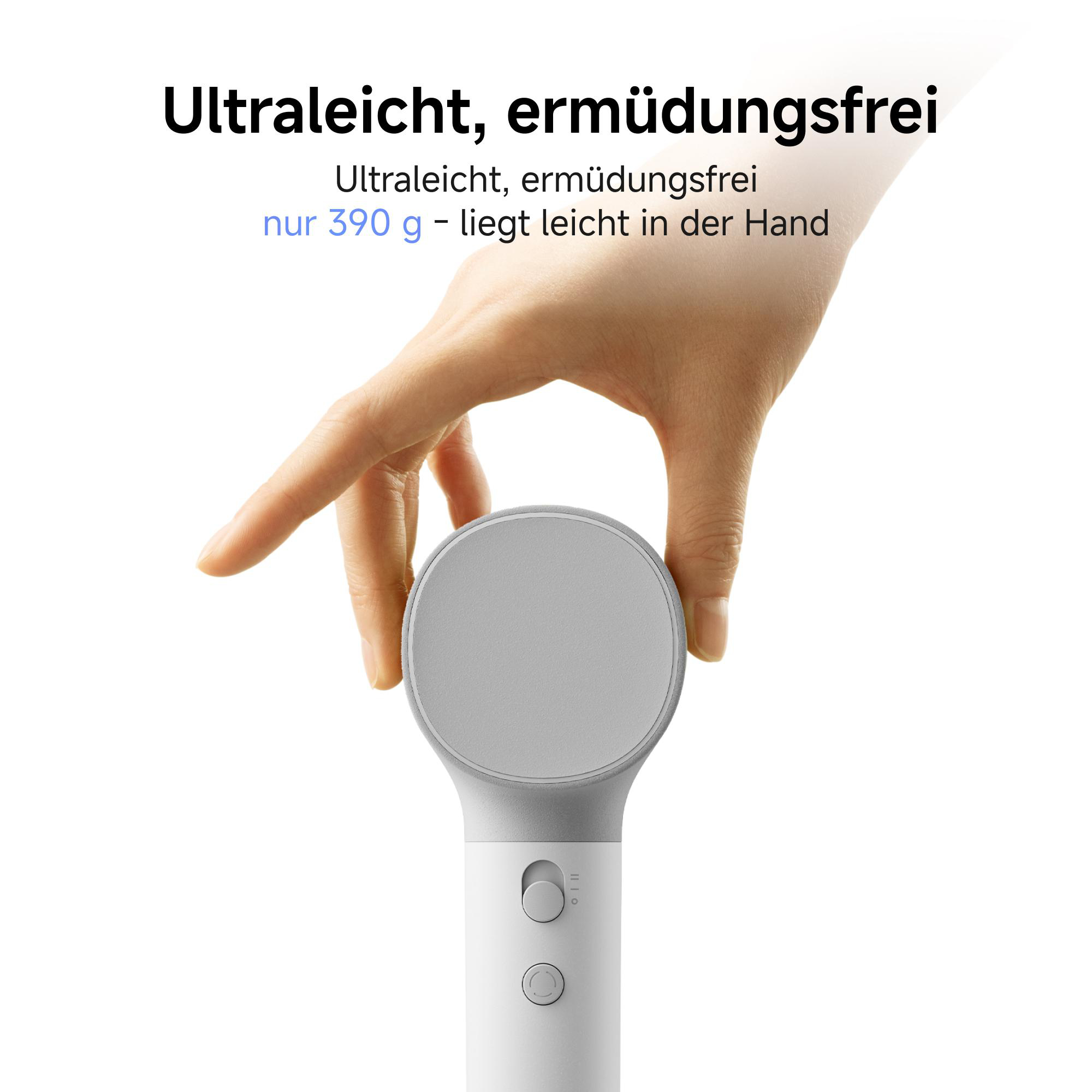 Eine Hand hält ein leichtes, graues Gerät mit Schaltern. Text: Ultraleicht, ermüdungsfrei.