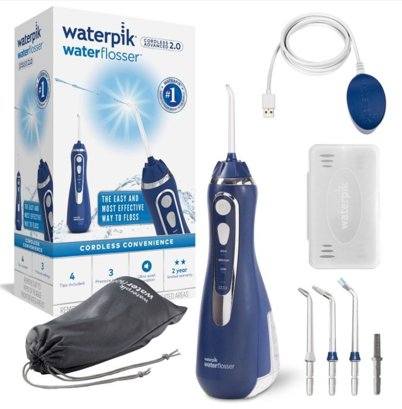 Niebieski Waterpik Waterflosser z akcesoriami i opakowaniem.