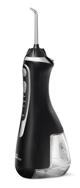 Czarna przenośna irygator z srebrnymi akcentami i przezroczystym zbiornikiem na wodę.