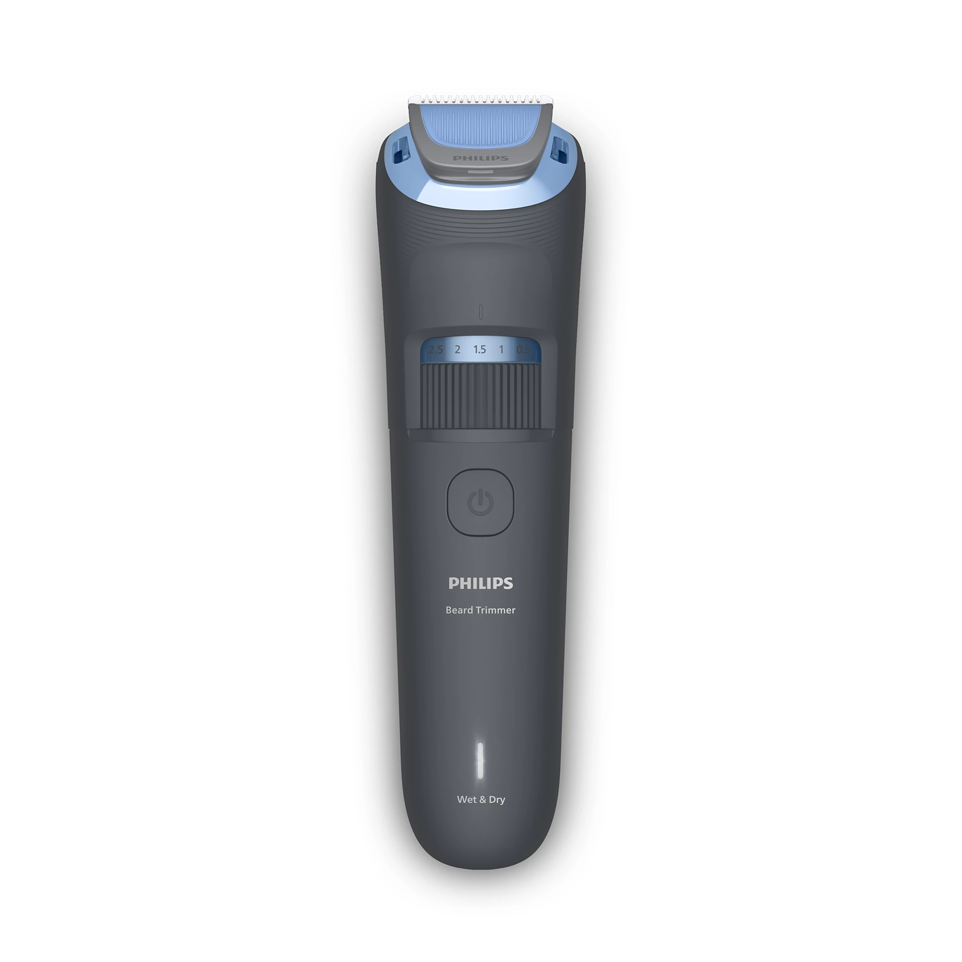 Un recortador de barba Philips gris con detalles azules y dial de ajuste.