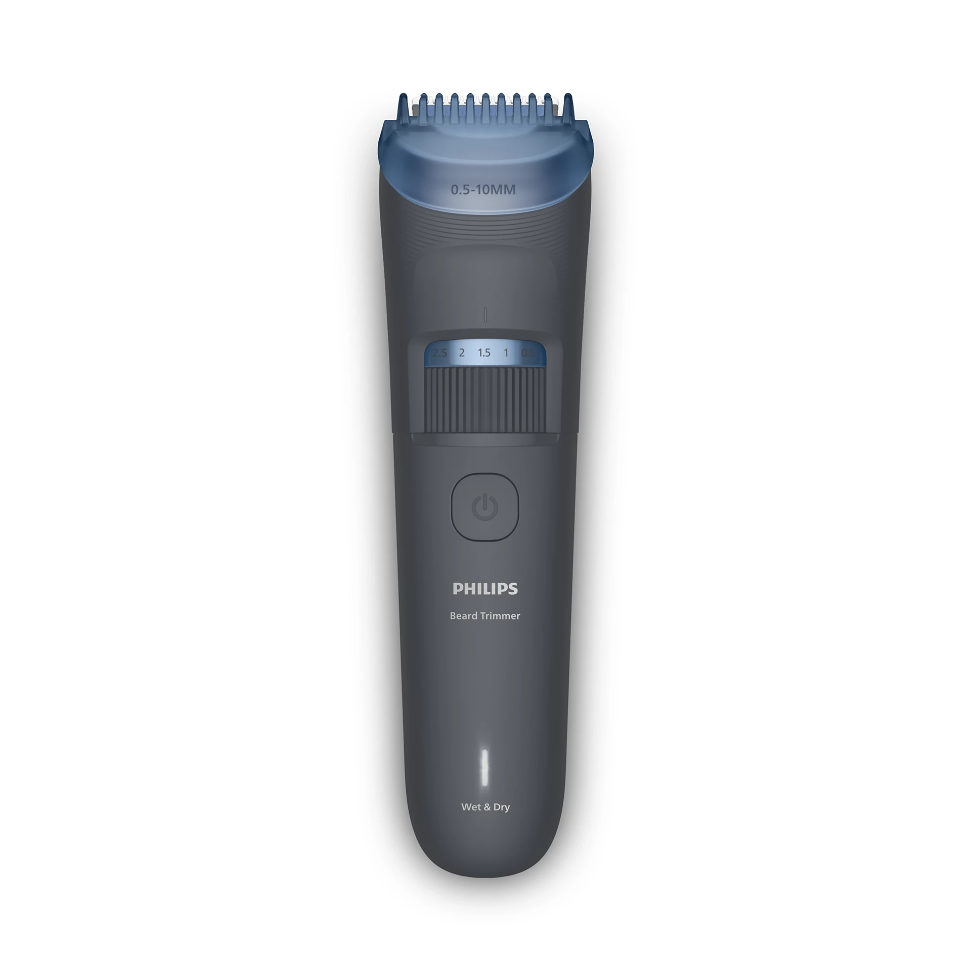 Recortadora de barba Philips gris con accesorio azul y ajustes de longitud.