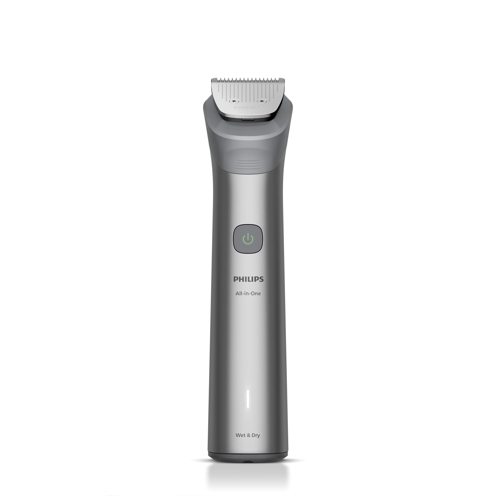 Recortadora Philips plateada con cabezal de cuchilla, botón de encendido e indicador.