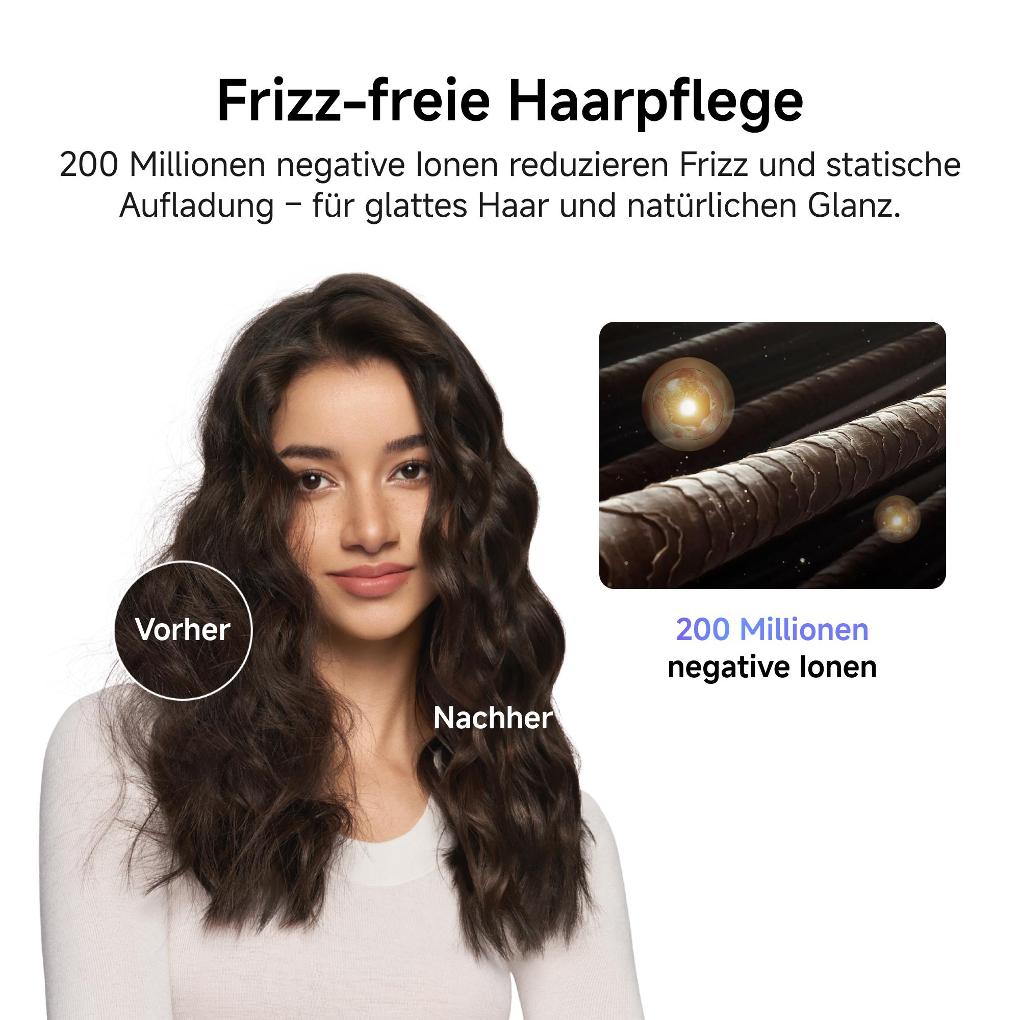 Frau mit glattem Haar, Vergleich "Vorher/Nachher", Ionen-Darstellung.