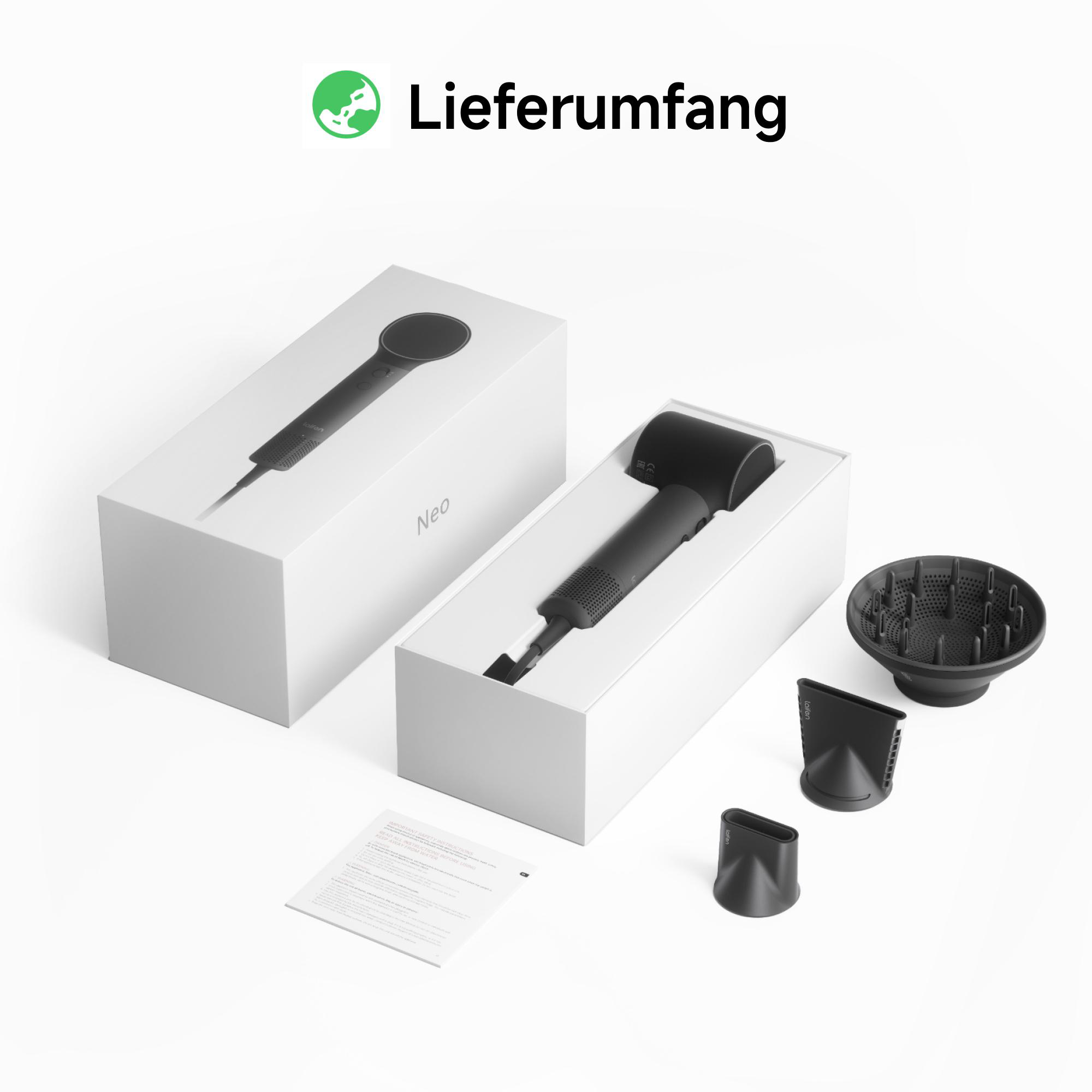 Ein schwarzer Haartrockner mit Zubehör in weißen Boxen.