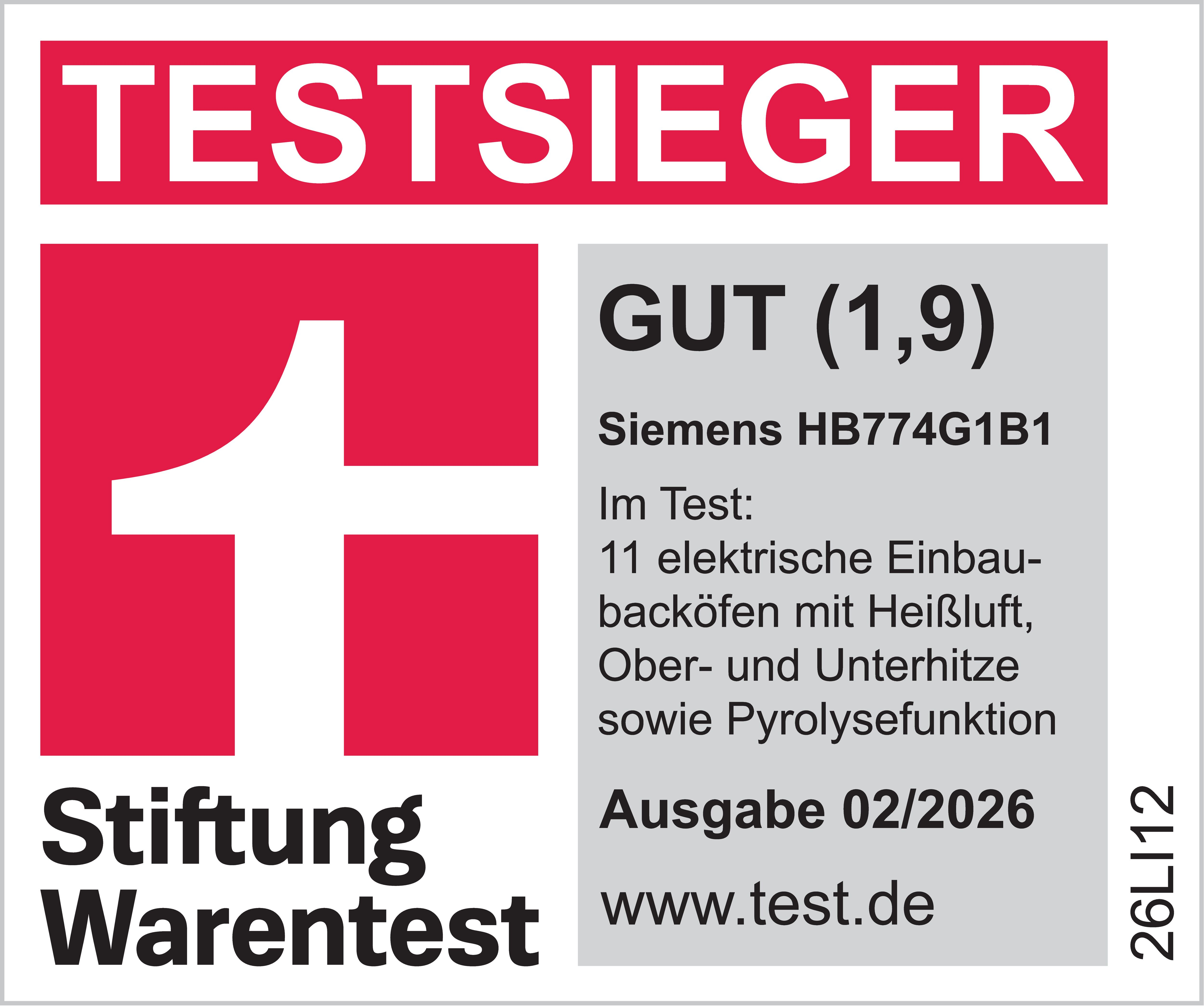 TESTSIEGER: Siemens HB774G1B1 mit GUT (1,9). Stiftung Warentest.