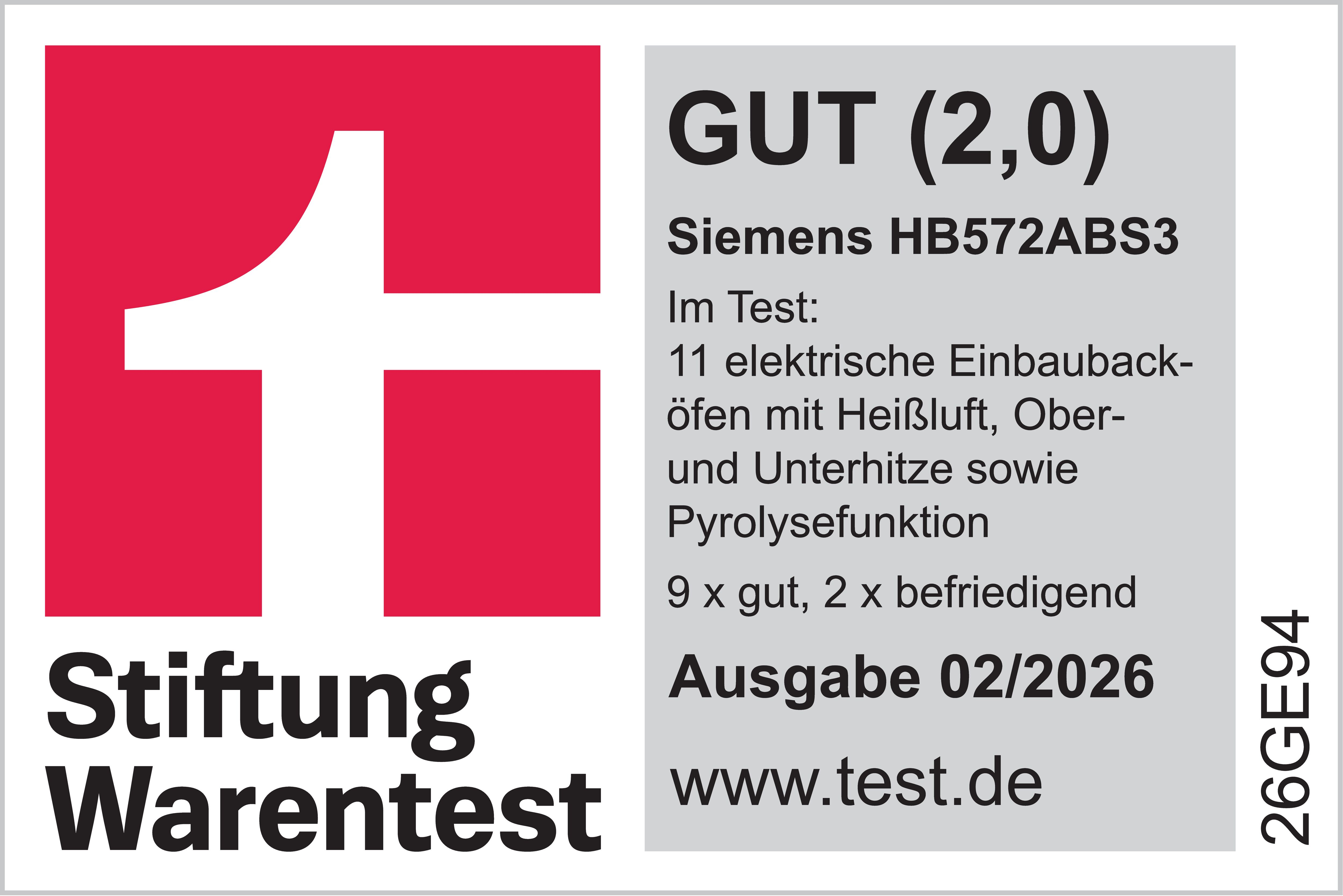 Stiftung Warentest Siegel für Siemens HB572ABS3. Gut (2,0). Test von 11 Öfen.