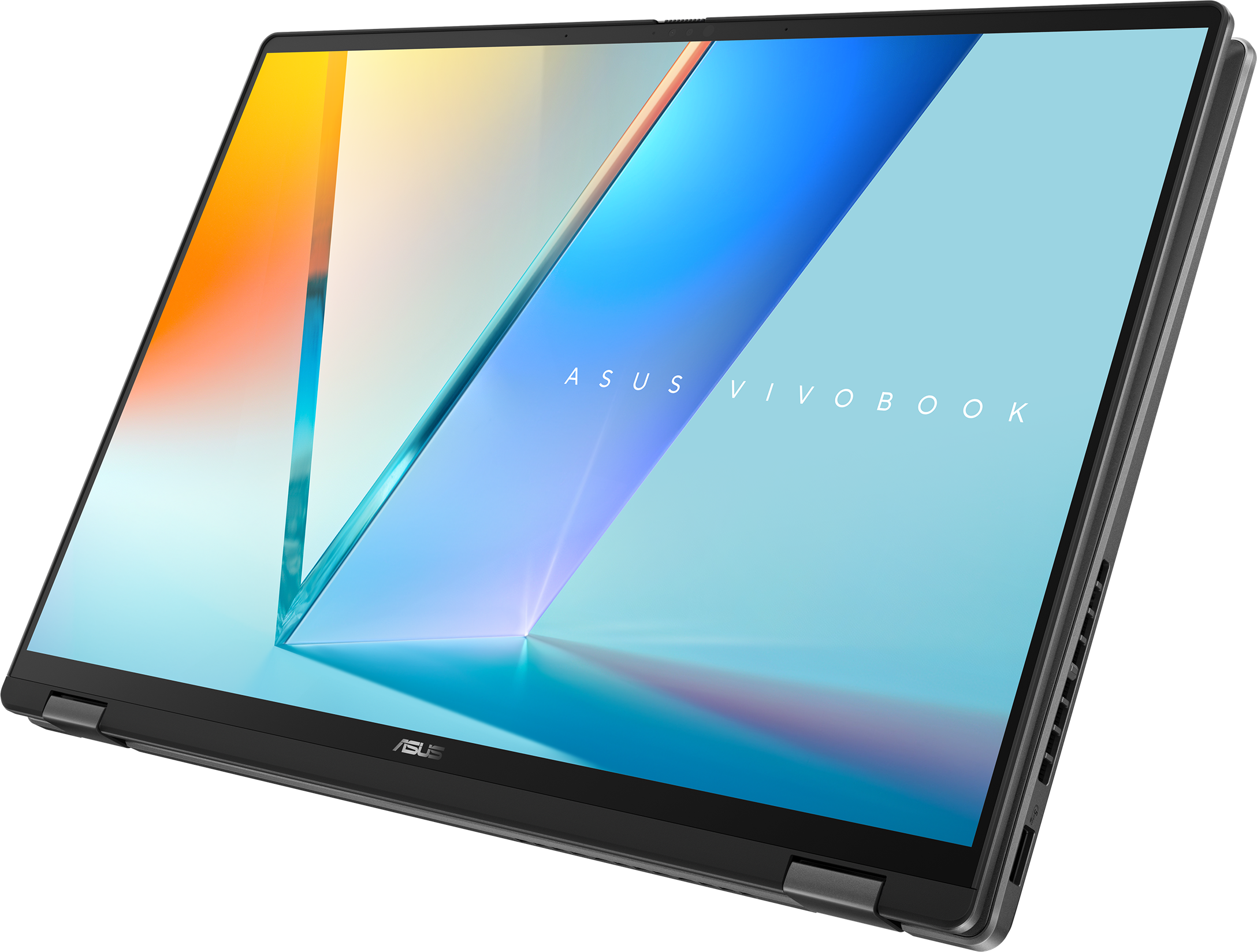 Ein offener Asus Vivobook Laptop mit abstraktem, farbenfrohem Hintergrund.