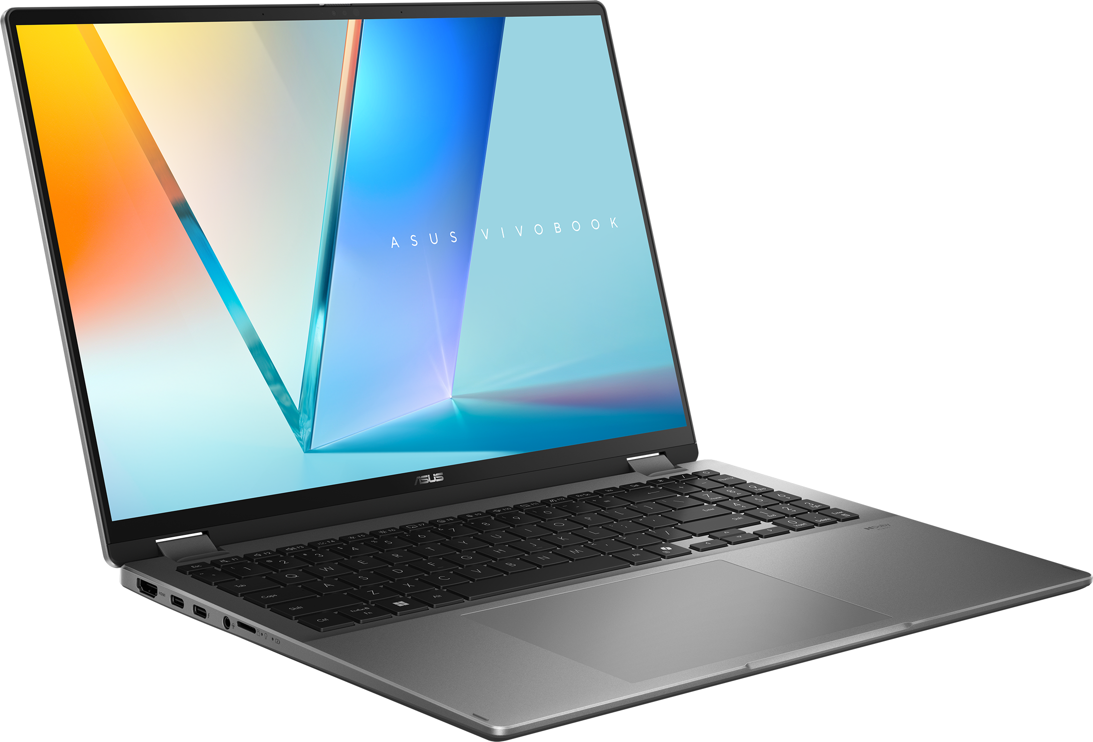 Ein offener, silberner Asus Vivobook Laptop mit Tastatur und Touchpad.