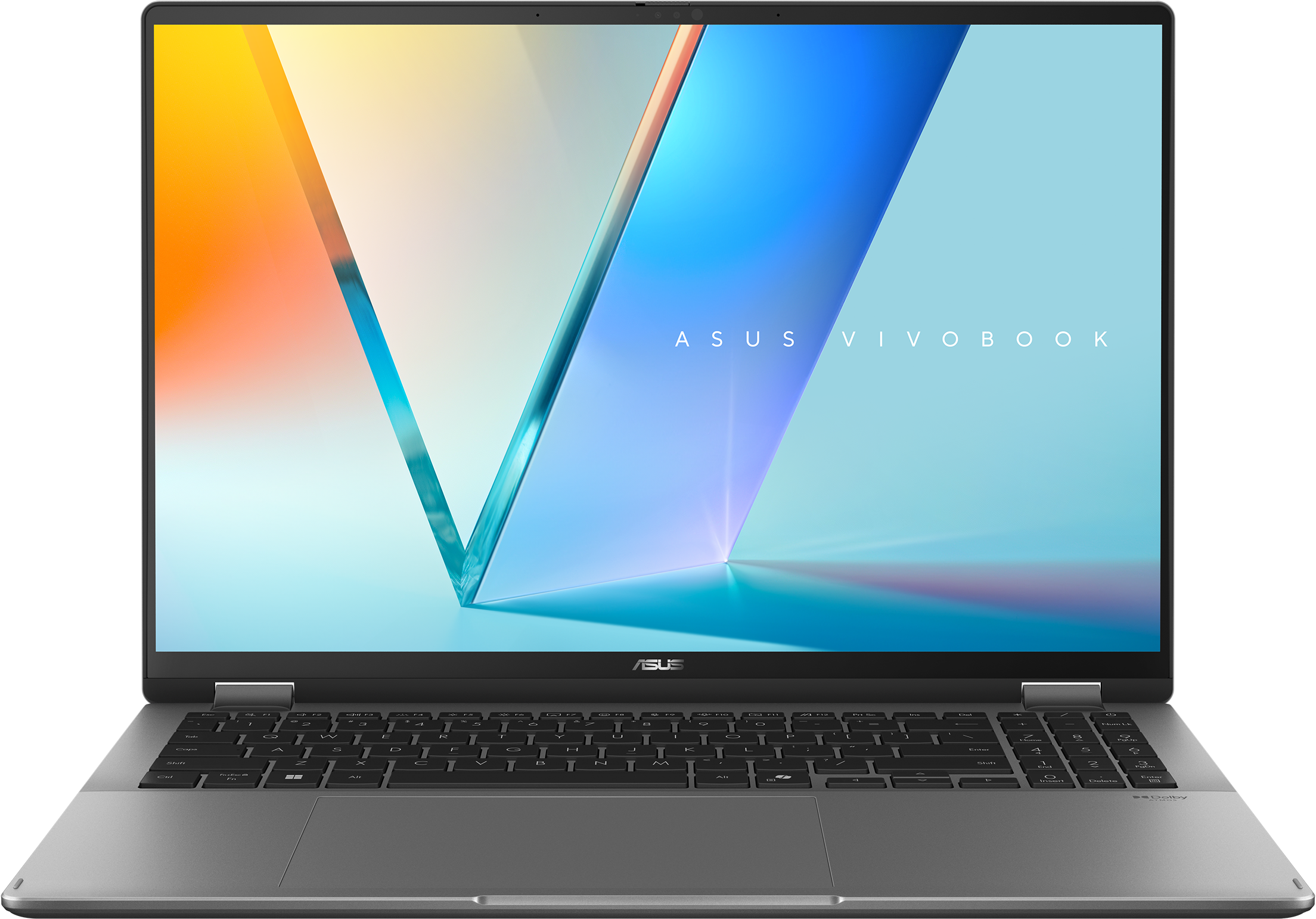 Ein graues Asus Vivobook Laptop mit beleuchteter Tastatur und abstraktem Hintergrund.