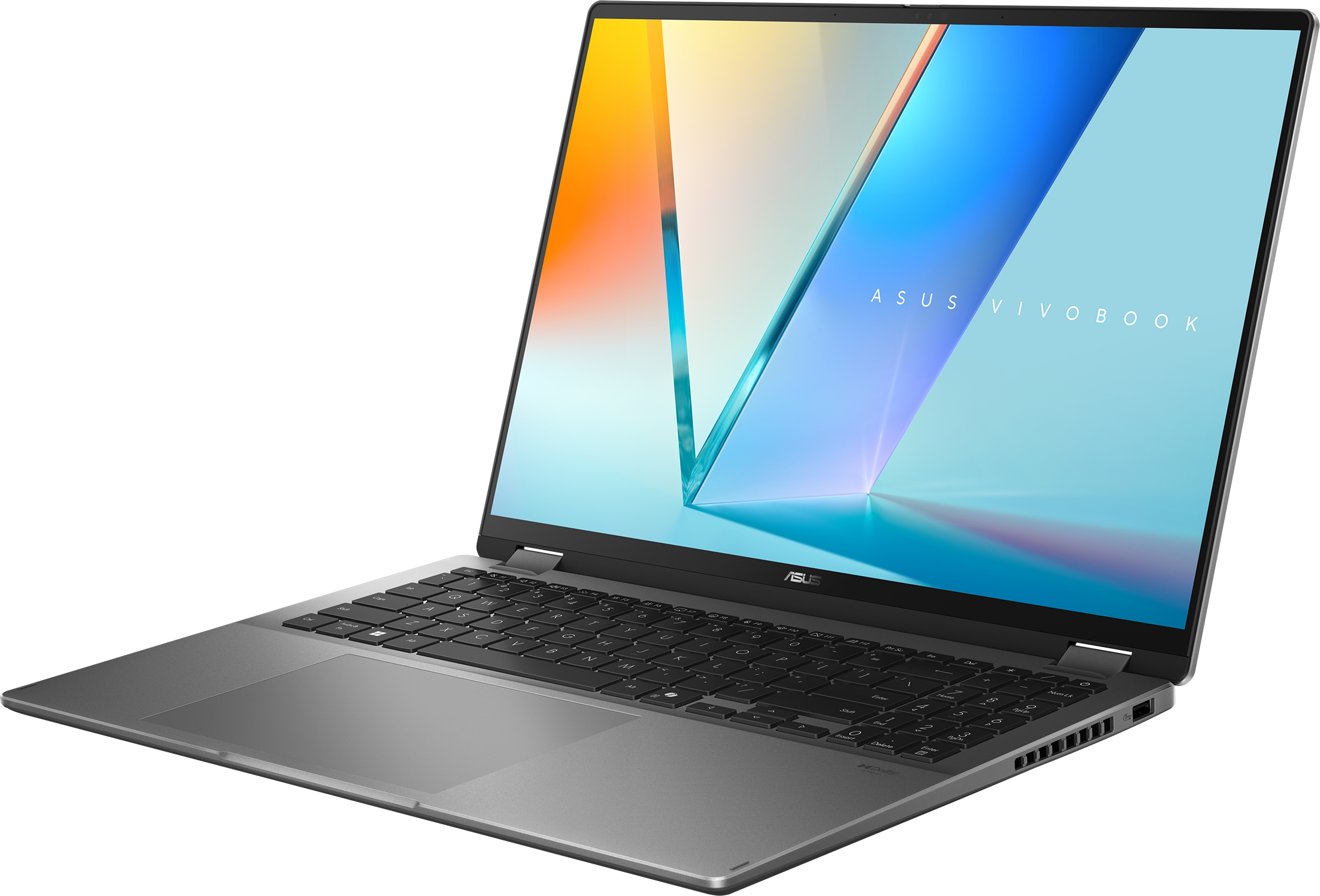 Ein silberner Asus Vivobook Laptop ist geöffnet mit farbenfroher abstrakter Tapete.