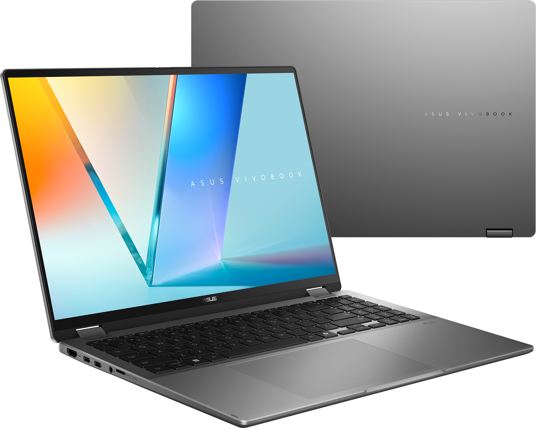 Ein silberner Asus Vivobook Laptop mit offenem Display, das ein buntes Muster zeigt.
