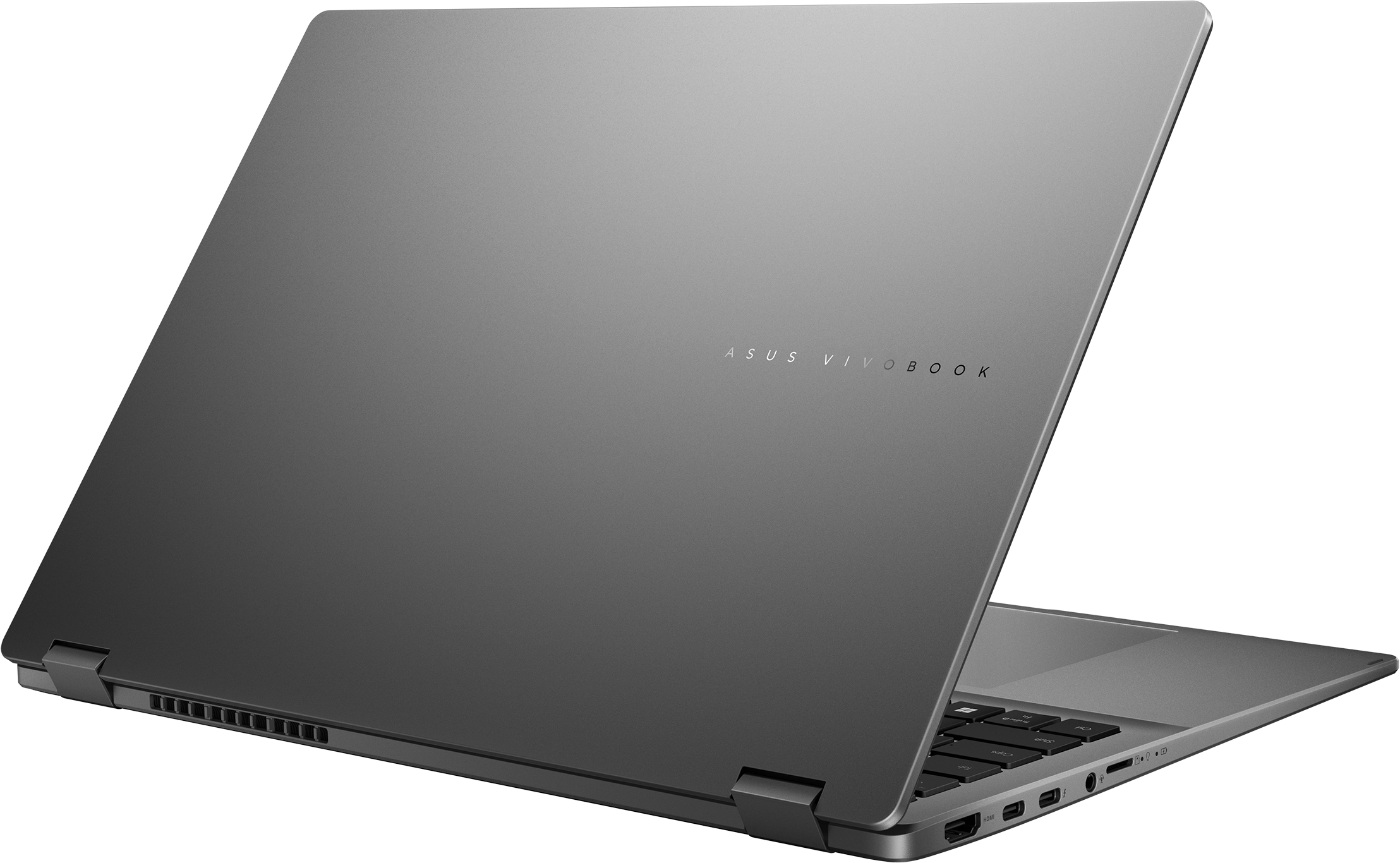 Grauer Asus Vivobook Laptop, teilweise geöffnet, mit Tastatur und Anschlüssen.