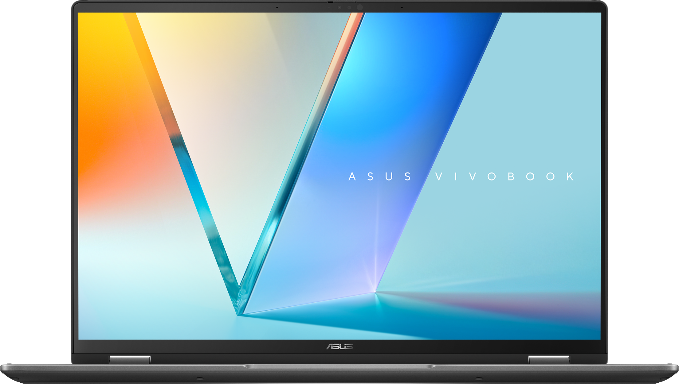 Ein Asus Vivobook Laptop zeigt einen bunten, abstrakten Hintergrund.