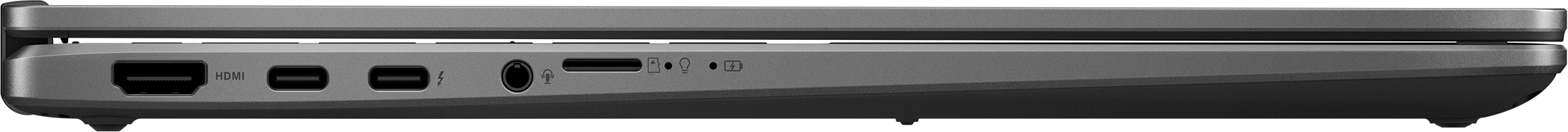 Seite eines Laptops mit Anschlüssen: HDMI, USB-C, Thunderbolt, Kopfhörer, SD-Kartensteckplatz.
