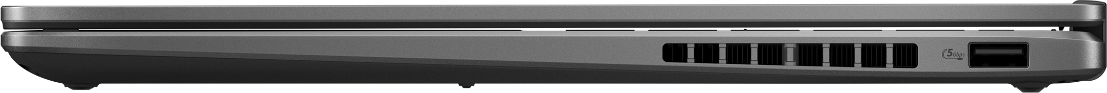 Grauer Laptop-Anschluss mit Belüftung und USB-Port.