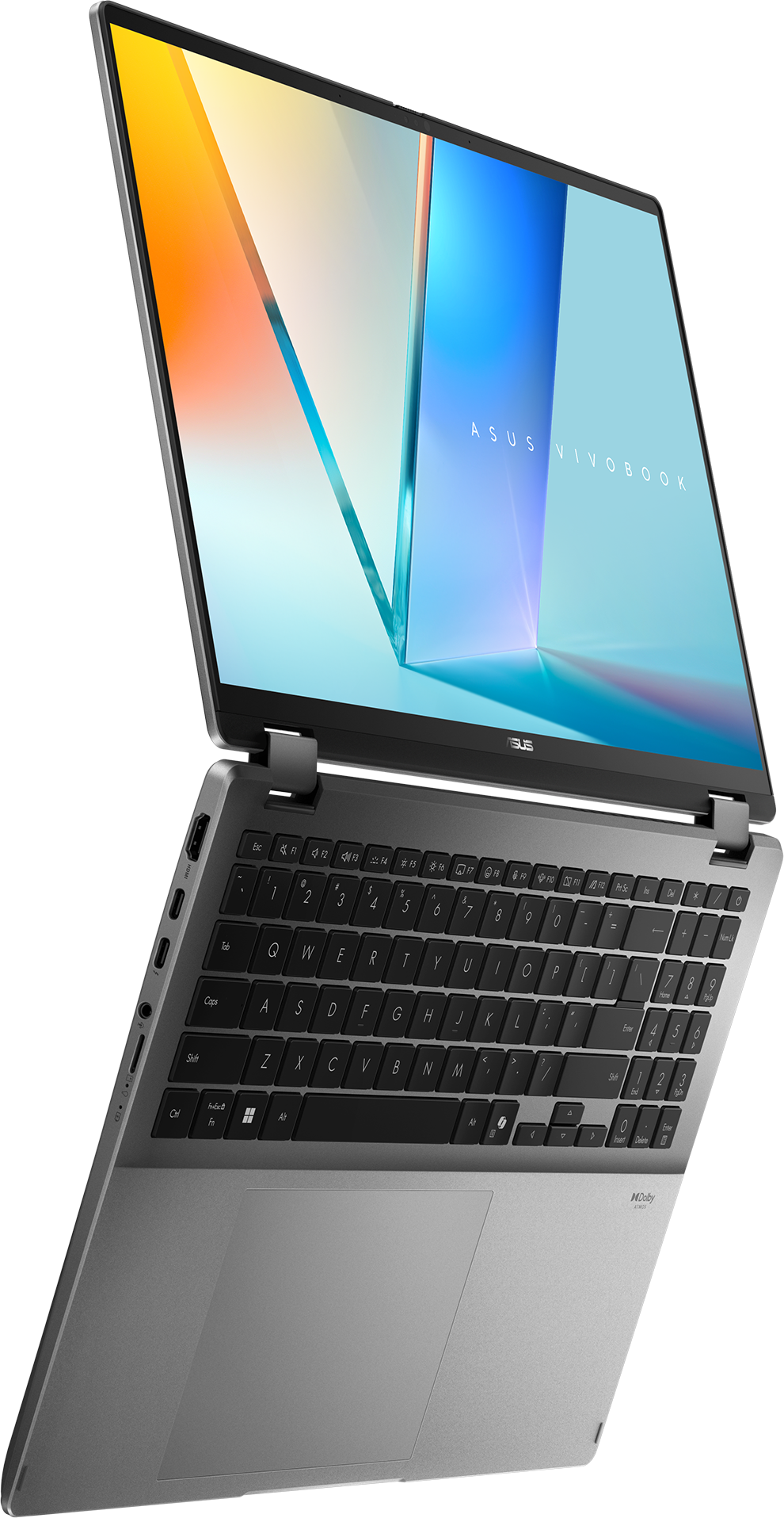 Ein silberner ASUS Vivobook Laptop ist geöffnet, mit Tastatur und Touchpad.