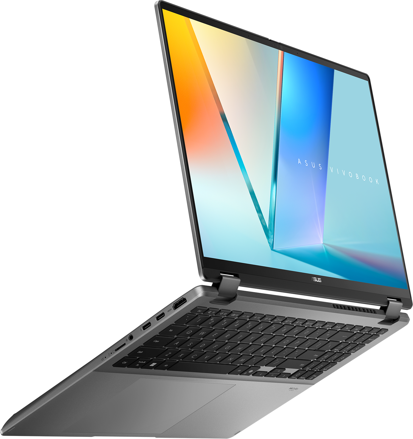 Ein silberner Asus Vivobook Laptop mit Tastatur und Bildschirm, der auf schwarzem Hintergrund geöffnet ist.