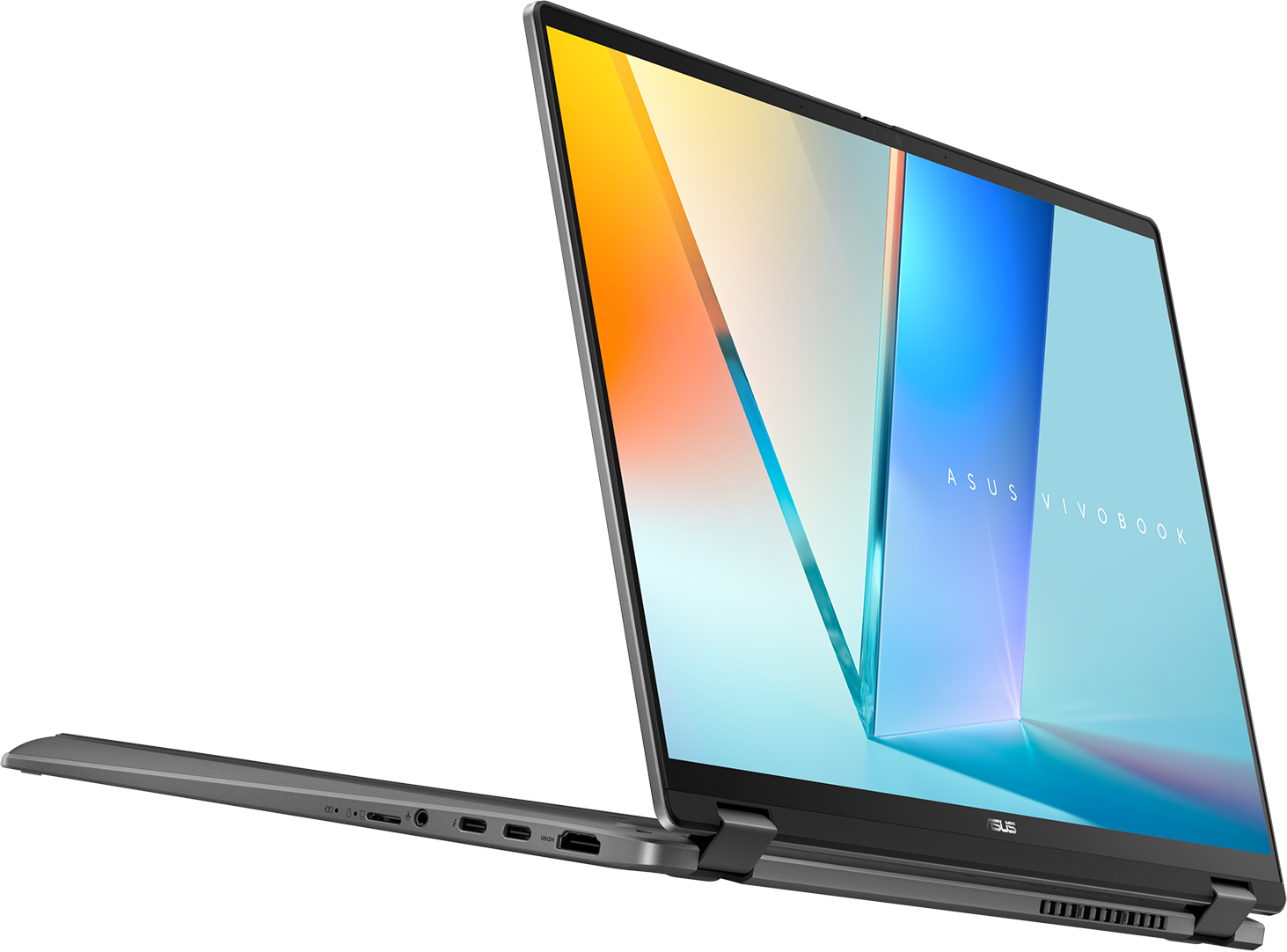 Ein dunkler, aufklappbarer Laptop mit einem farbenfrohen Bildschirm.