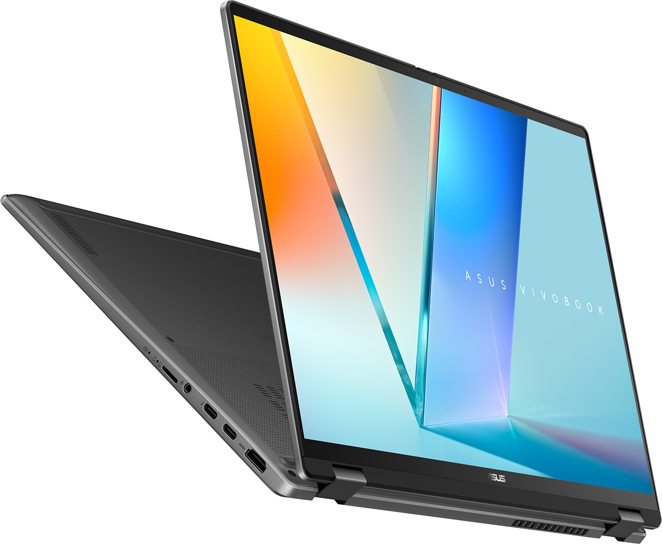 Ein offener silberner Laptop mit farbigem Hintergrundbild.