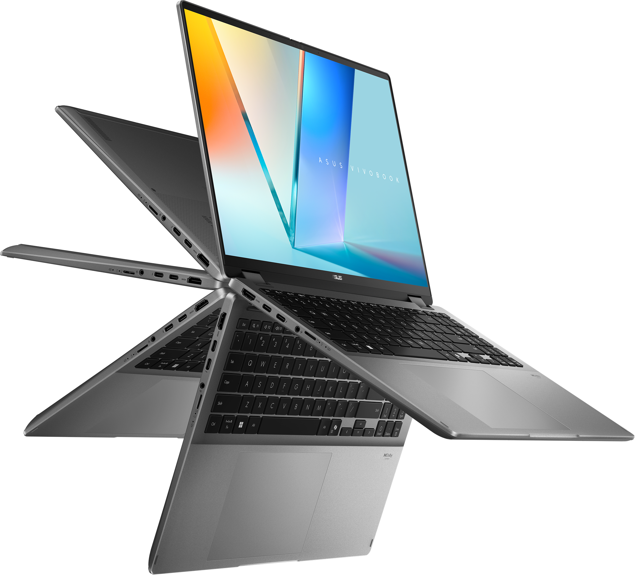 Ein silbernes Asus Vivobook Laptop mit Tastatur und Touchpad, auf schwarzem Grund.