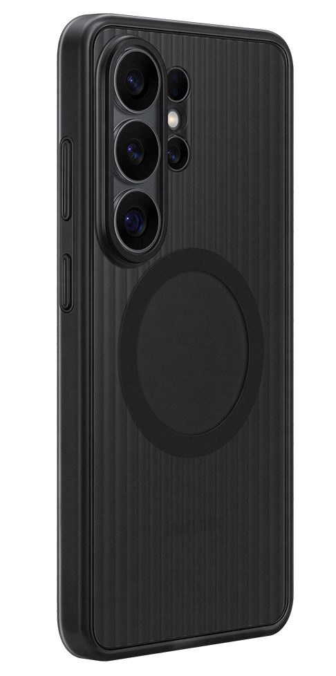 Funda negra para teléfono con parte trasera acanalada y conjunto de cámaras.