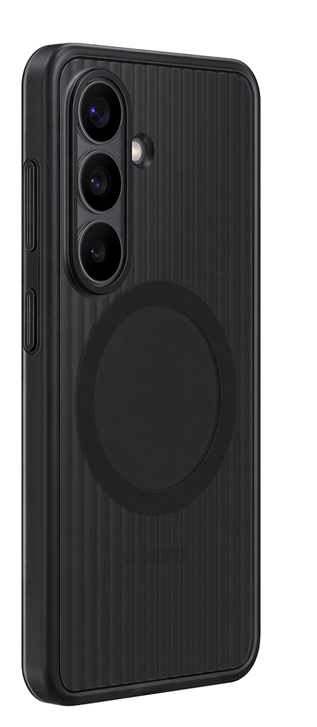 Funda negra para teléfono con estrías verticales y placa magnética.