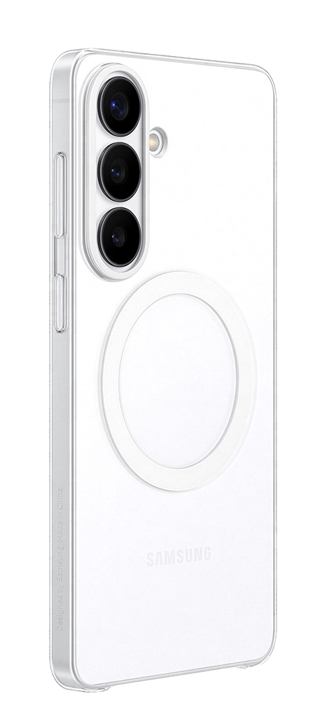 Funda blanca para teléfono con módulo de cámara y anillo magnético.