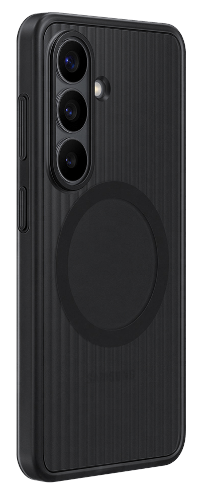 Funda negra para teléfono con estrías verticales y tres lentes de cámara.