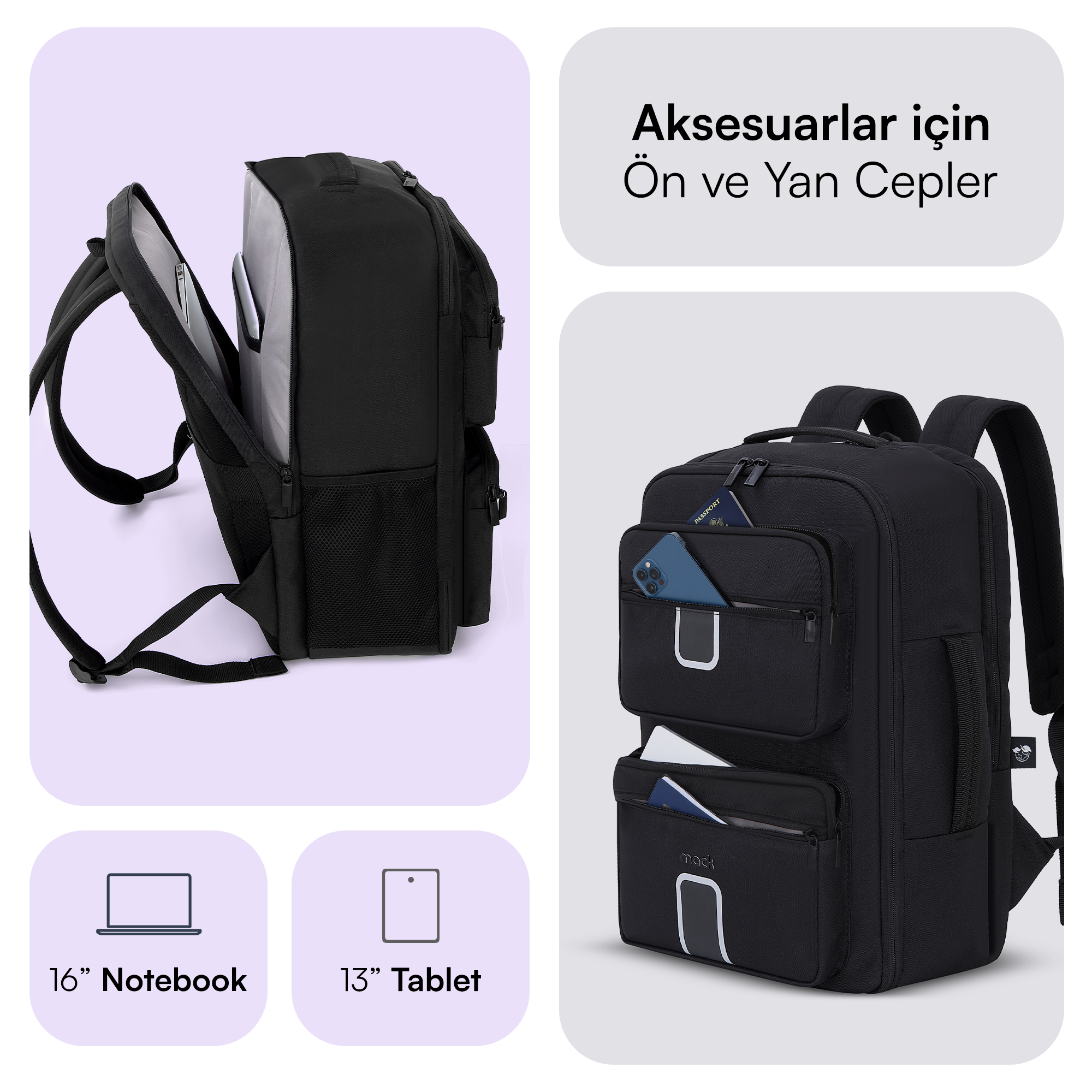 Laptop bölmeli ve çok cepli siyah sırt çantası.