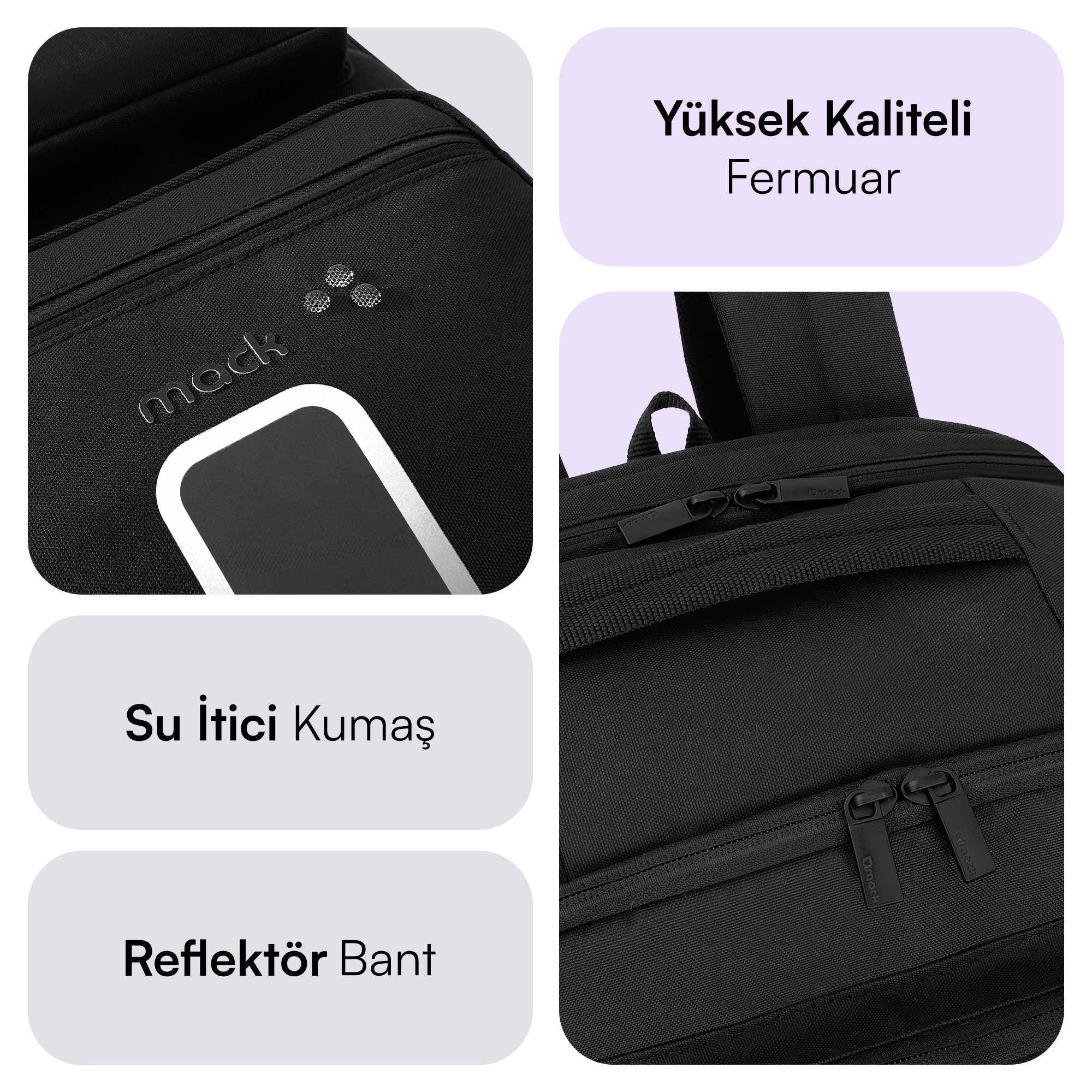 Fermuarlı ve Mack logolu siyah sırt çantası.