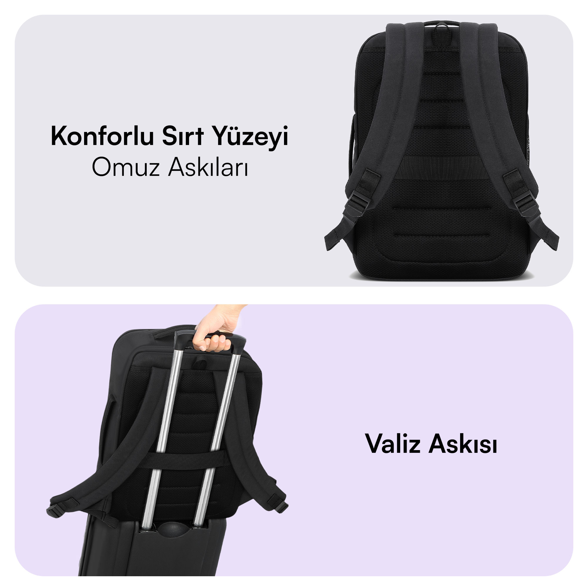 Yastıklı sırt ve omuz askılı siyah sırt çantası.