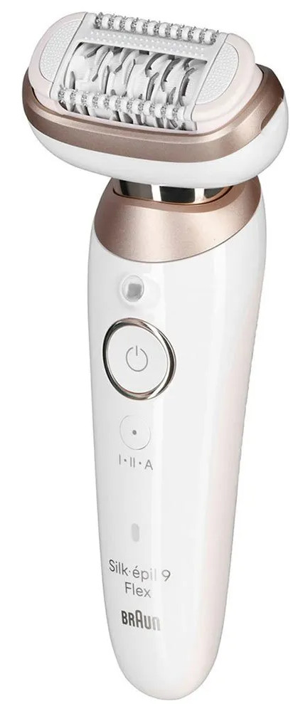 Biały epilator z akcentami w kolorze różowego złota i elastyczną głowicą.