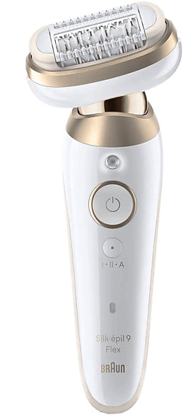 Biały depilator ze złotymi akcentami i szeroką, obrotową głowicą z pęsetami.